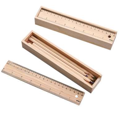 Kacy  wholesale cheap natural wooden kids color pencils sets with wooden pencil case and ruler